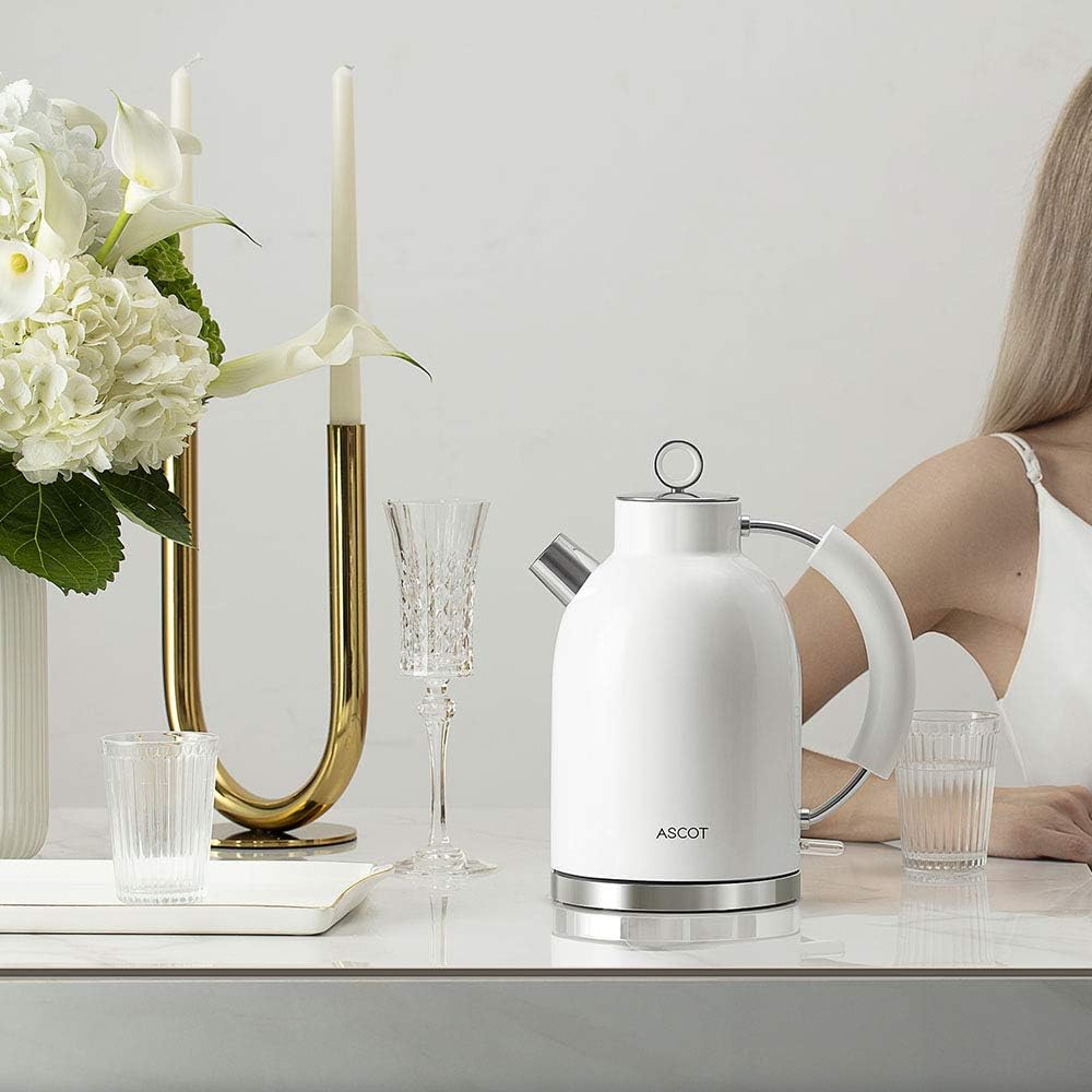 Electric Kettle, ASCOT Stainless Steel Electric Tea Kettle, 1.7QT, 1500W, BPA-Free, Cordless, Automatic Shut-off, Fast Boiling Water Heater - White: Kitchen & Dining
