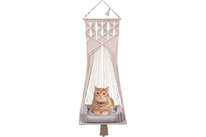 Sdjazl Cat Bed Cat Hammock Macrame Cat Swing Bed Cat Cage Cotton Rope Hanging Cat House Cats Toy Tassel Basket Tapestry (Beige, Include The Cushion)