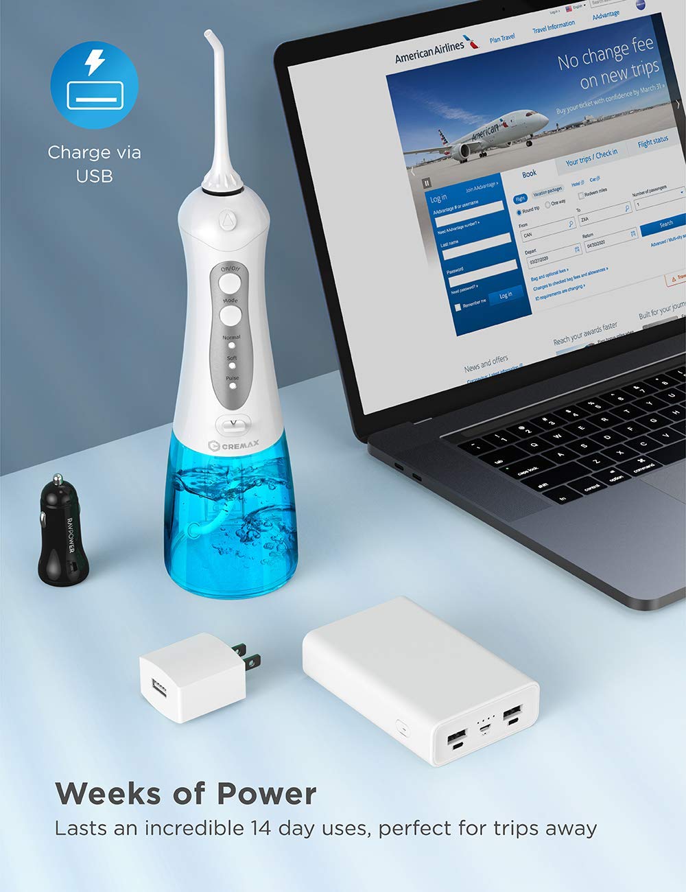 Water Flosser Cordless, CREMAX Portable Water Pick Teeth Cleaner with 3 Modes 4 Jets, Powerful Cleaning, 300ML Water Tank, IPX7 Waterproof, Rechargeable Dental Oral Irrigator for Travel Home Braces: Beauty