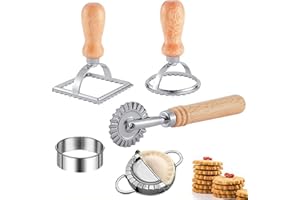 Ravioli Maker Cutter Set of 5, Wooden Handle Ravioli Stamp with Roller Wheel, Pasta Wheel Cutter and Pasta Press Tool for Hom