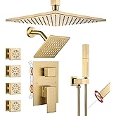 VANFOXLE Shower Faucet Set Brushed Gold Shower System,Four Modes Shower Faucet with 2 in 1 Handheld,Ceiling Mount 10 Inch Shower Head with 6 Inch Shower Head, 4 PCS Dual Modes Body Jets