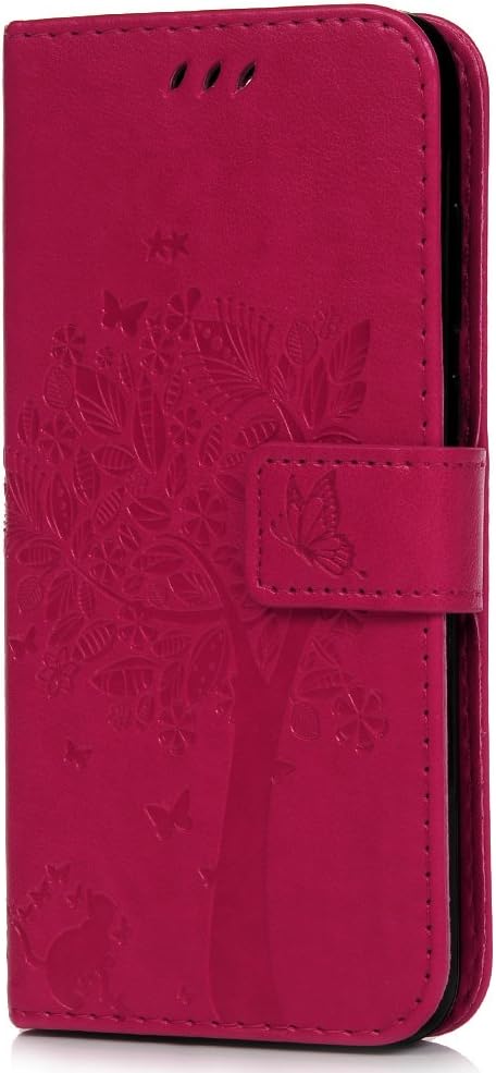 Huawei Y6 2018 Case, Honor 7A Case, Shockproof PU Leather Flip Wallet Case Cat Tree with Kickstand Card Holder Magnetic Silicon Protective Slim Skin Phone Case for Huawei Y6 2018 / Honor 7A Rose Red