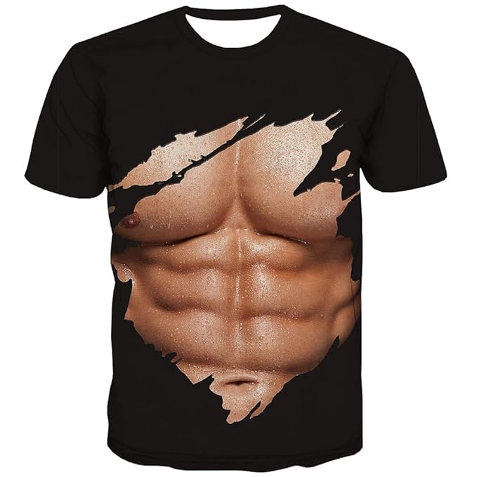 QCIV Muscle Tee Shirts for Men Funny TShirt with Abdominal Muscle 3D