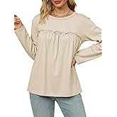 Cicy Bell Womens Babydoll Tunic Tops Pleated Long Sleeve Crew Neck Peplum Shirts Casual Loose Fit Flowy Blouse