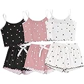 OYOANGLE Women's 6 Piece Cute Heart Print Pajama Set Cami Crop Top and Shorts Sleepwear Set