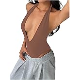Milumia Women's Deep V Neck Halter Bodysuit Sexy Backless Slim Fit Going Out Top