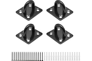 HOMPER 4 Pcs M6 Pad Eye Plates Black,304 Stainless Steel Marine Hardware Staple Hook Loop with 16 Screws and Plastic Plugs, Used for Hanging Basket Planters, Roof Beam, Ceiling Fan, Shade Sail