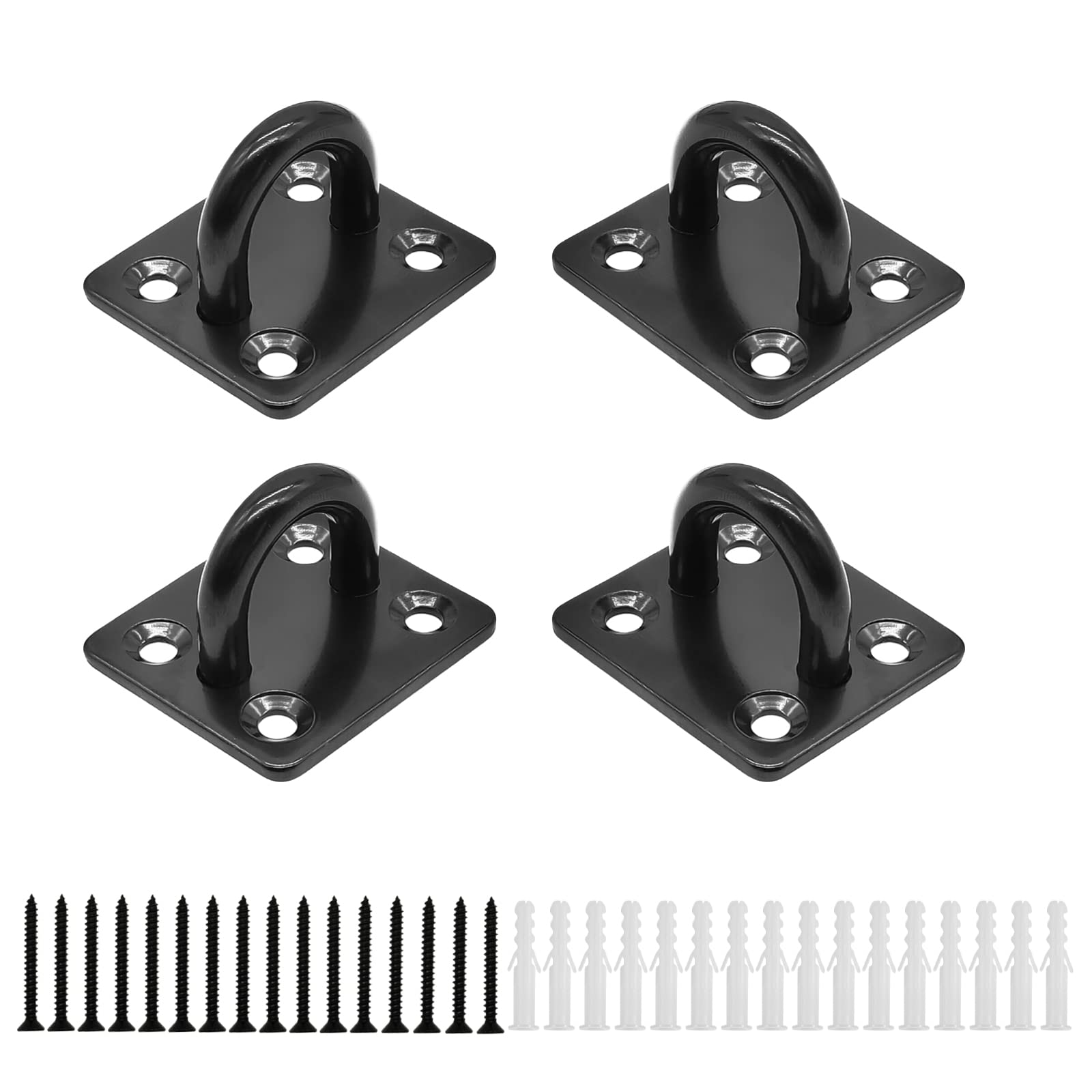 HOMPER 4 Pcs M6 Pad Eye Plates Black,304 Stainless Steel Marine Hardware Staple Hook Loop with 16 Screws and Plastic Plugs, Used for Hanging Basket Planters, Roof Beam, Ceiling Fan, Shade Sail, etc — image 1