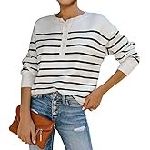 Womens Striped Henley Sweaters Soft Lightweight Long Sleeve Crew Neck Loose Fit Knit Pullover Tops