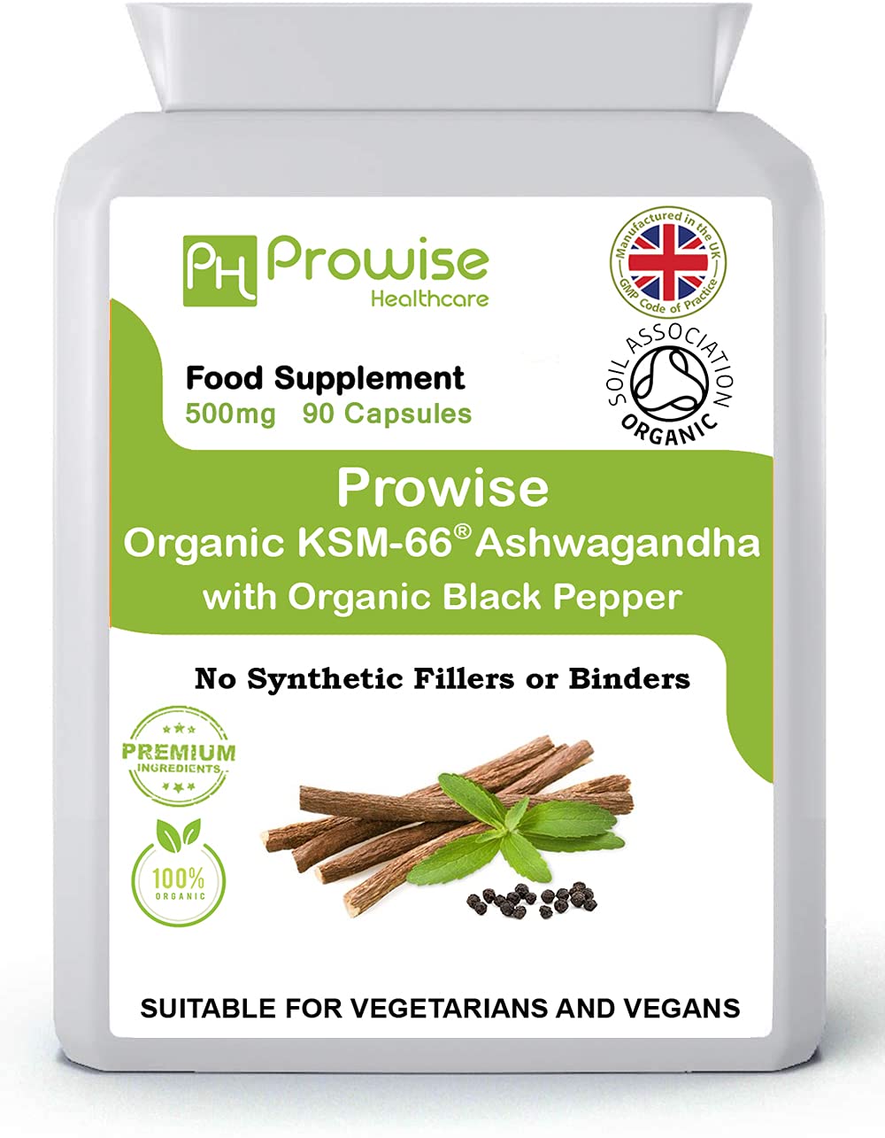 Organic Ashwagandha KSM-66® with 5% Withanolides 90 Vegan Capsules Added with Black Pepper | High Strength Certified Organic by Soil Association | UK Made by Prowise Healthcare