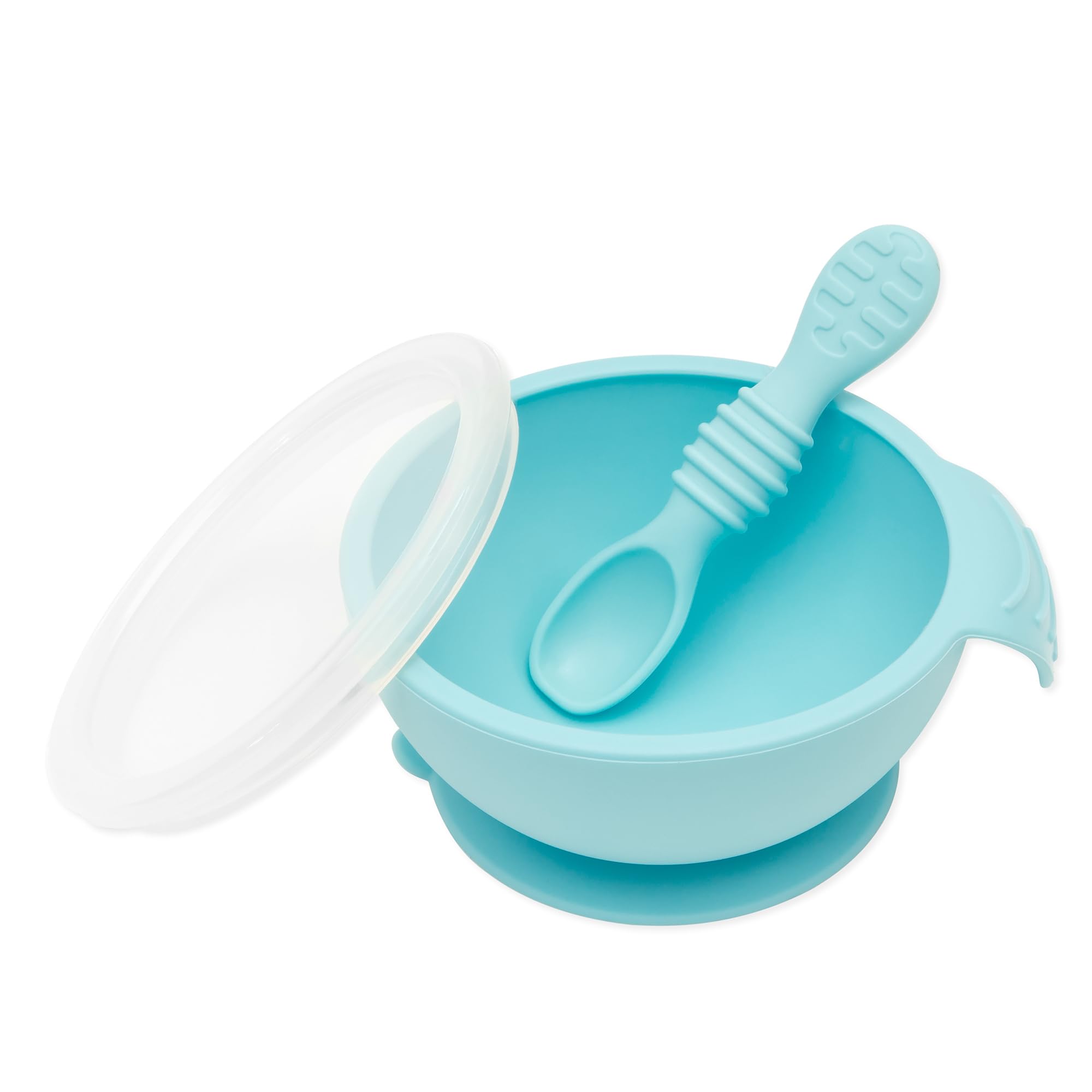 Bumkins First Feeding Set - Bowl With Suction Base, Lid, Spoon, Baby Led Weaning, BPA-Free, Microwave/Dishwasher/Freezer Safe, 100% Silicone, Light Blue