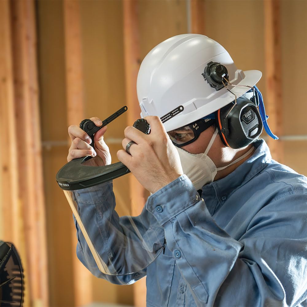 Klein Tools 60528 Full-Brim Hard Hat Face Shield, Clear, Impact-Rated, Anti-Fog, Low-Profile Design, Flip-Up, Earmuff Compatible, One Size