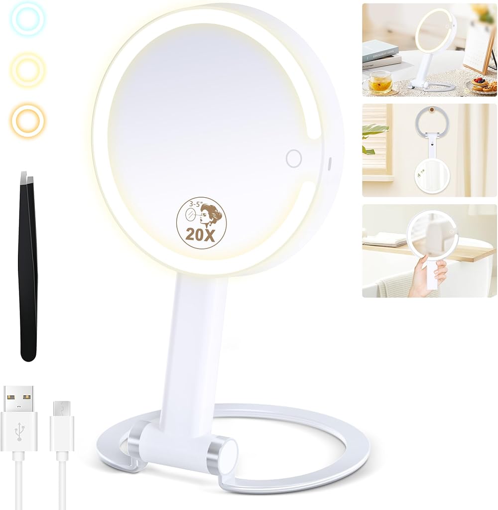 MOMOKUBA Lighted 20x/1x Makeup Mirror Rechargeable 3 Color Dimmer
