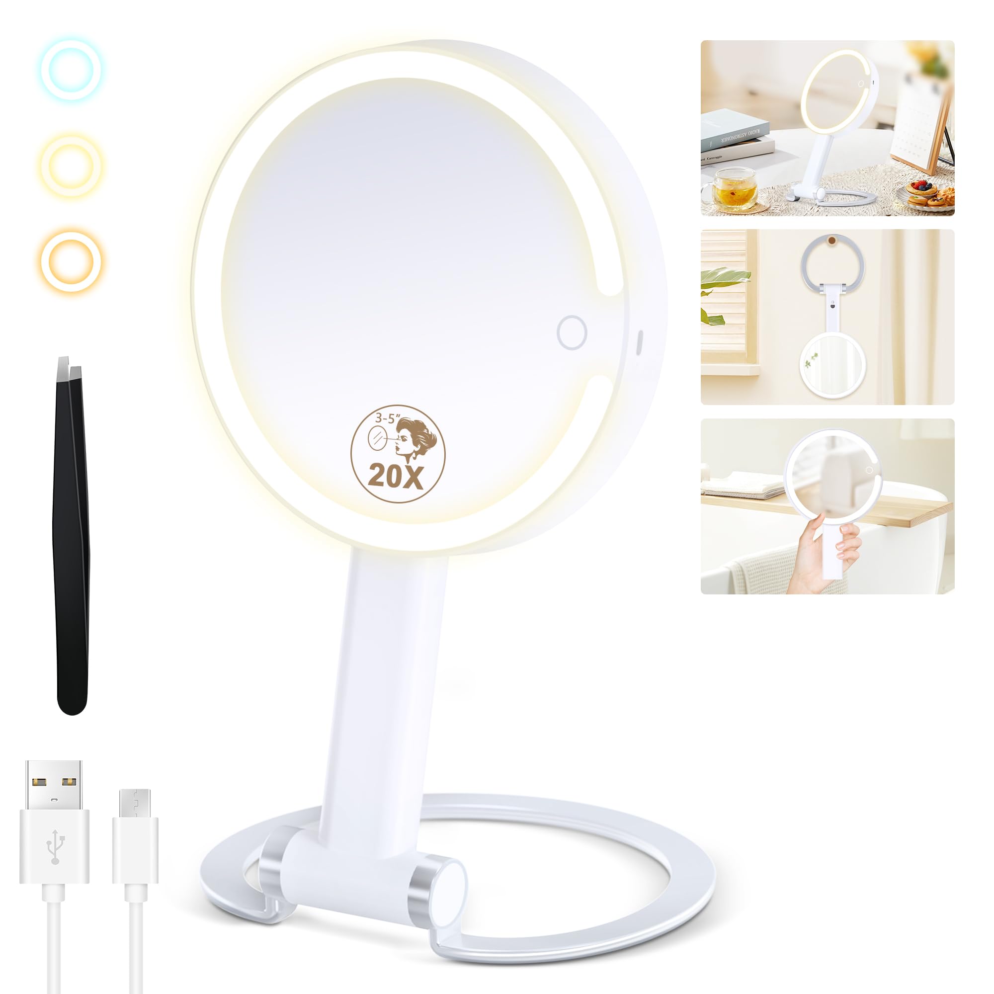 MOMOKUBA Magnifying Mirror with Light 20X/1X, Lighted Makeup Mirror with Magnification, Make Up Mirrors Stand Up Double Sided, Rechargeable 3 Color Dimmable, for Travel, Home