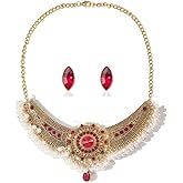 Bohemian Rhinestone Pearls Tassel Choker Necklace Stud Earrings Ethnic Indian Set Oxidized Antique Gold Traditional Crystal Retro Bollywood Statement Vintage Wedding Bridal Trendy Jewelry for Women