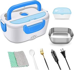 Portable Heating Electric Lunch Box 2 in 1 Food Heater Warmer Bento Box 1.5L 110v & 12v 40w For Car and Home Office With Removable 304 Food-Grade Stainless Steel Storage Container,Stainless Steel Fork