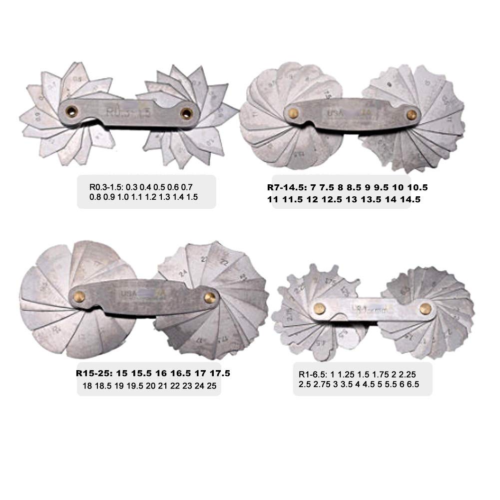 Hilitand 4Pcs Outside Radius Gauge Radius Bar Stainless Steel Radius Fillet Gauge Concaven Convex Measuring Tool R0.3-1.5 / R1-6.5 / R7-14.5 / R15-25 - Image 3