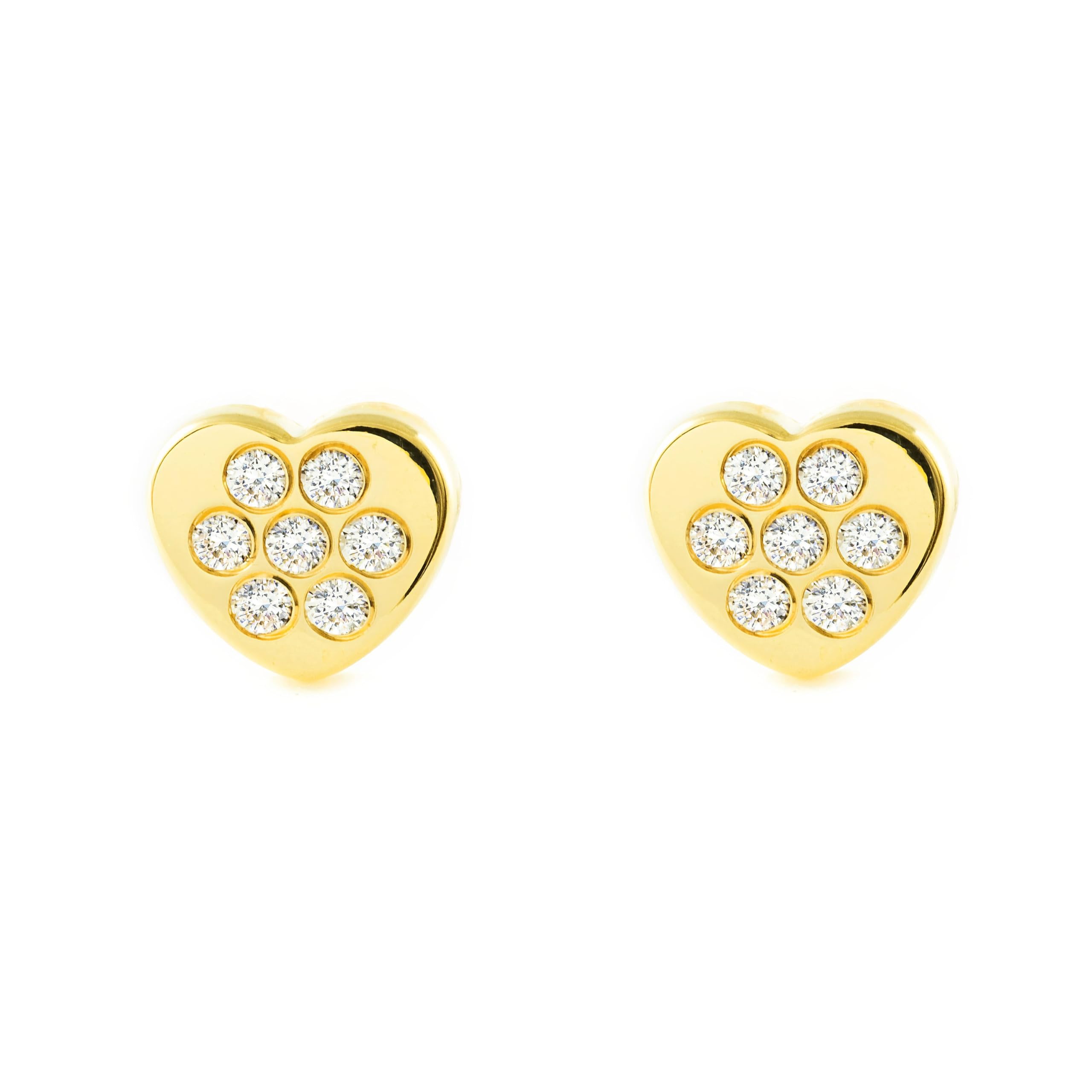 Mondepetit - 9ct Yellow Gold Heart Cubic Zirconias Children's Girls Earrings shine