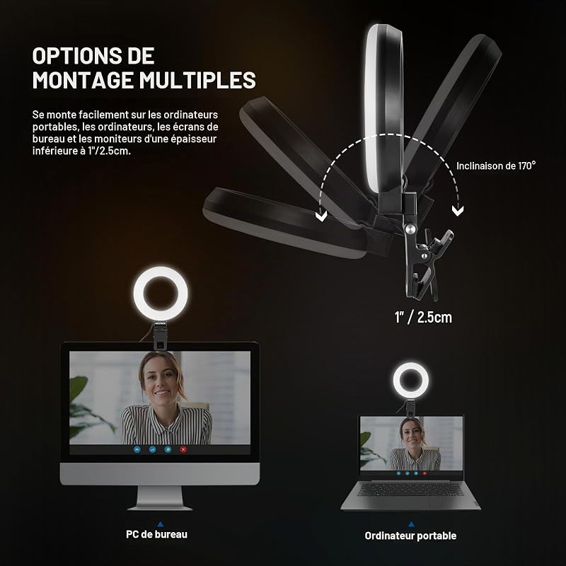 Ring Light 12,7cm Basics pour Visioconférence, Kit 2 Lumières à Clipser avec Trépieds de Bureau pour Écran, PC, Appels Zoom, Streaming, Télétravail, Cours en Ligne, Enregistrement Vidéo, BR60