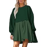 Dokuritu Sweatshirt Dress Women Crew Neck Long Sleeve Patchwork Pullover Tops Flowy Oversized Sweatshirt Mini Dress