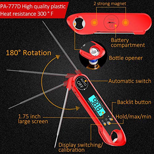 Meat Thermometer,Cuteadoy IP67 Waterproof Fast Folding Digital Instant Read Thermometer BBQ Thermometer with Calibration and Backlit Function Cooking Thermometer for Food,Milk,Grill,Bath (Red)