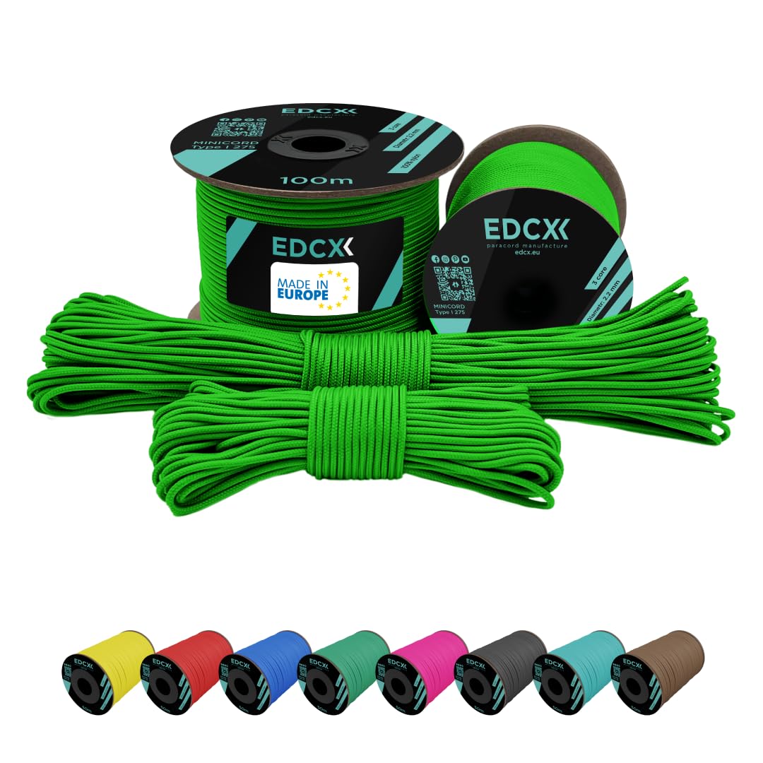 EdcX 2 mm Nylon Paracord 275 (15, 30, 50 and 100 m)– 100% Nylon rope, 3-Strand cord, Nylon cord 2 mm in Many Colours (Neon Green, 30 m)