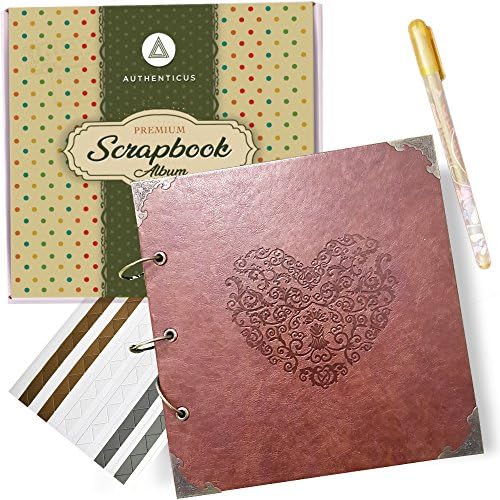 Exclusive Scrapbook and Pen Kit | Classic Leather DIY Photo Album | Perfect For Wedding, Anniversary, Birthday, Guestbook, Holiday Memories Vintage Leather Cover | 60 Pages| AUTHENTICUS