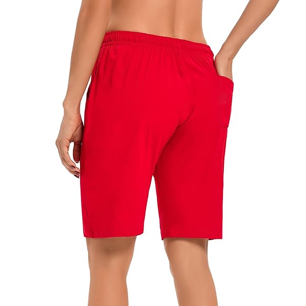 LUCKYCATCUS WOMEN’S BERMUDA SHORTS JERSEY SHORTS WITH POCKETS YOGA WALKING ATHLETIC LONG SHORTS FOR WOMEN KNEE LENGTH (RED, L)