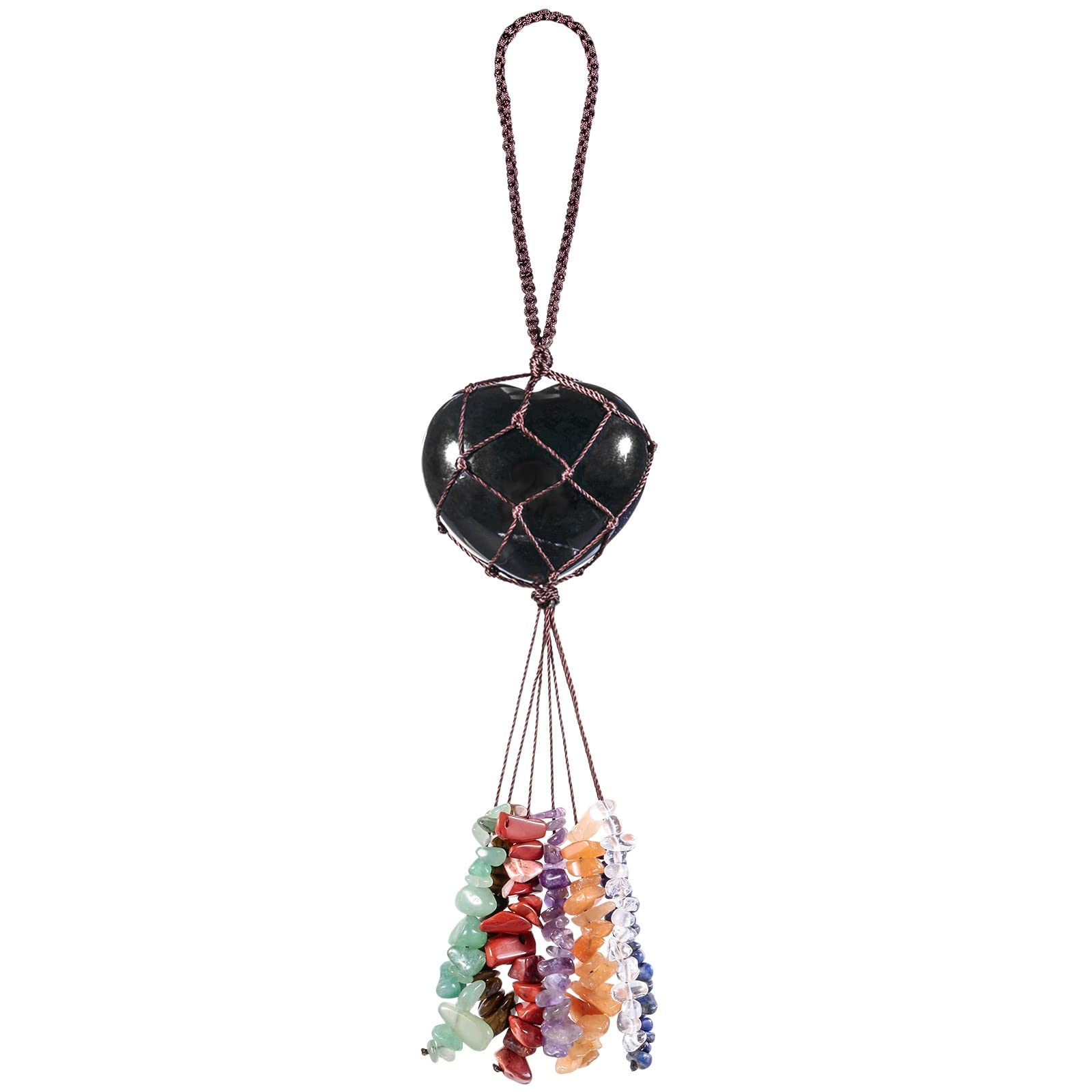 KYEYGWO Black Obsidian 7 Chakra Crystal Stone Heart Hanging Ornament, Reiki Healing Love Crystal Hanging Gemstone Heart Shaped Wall Hanging Window Decoration for Home Car Wedding
