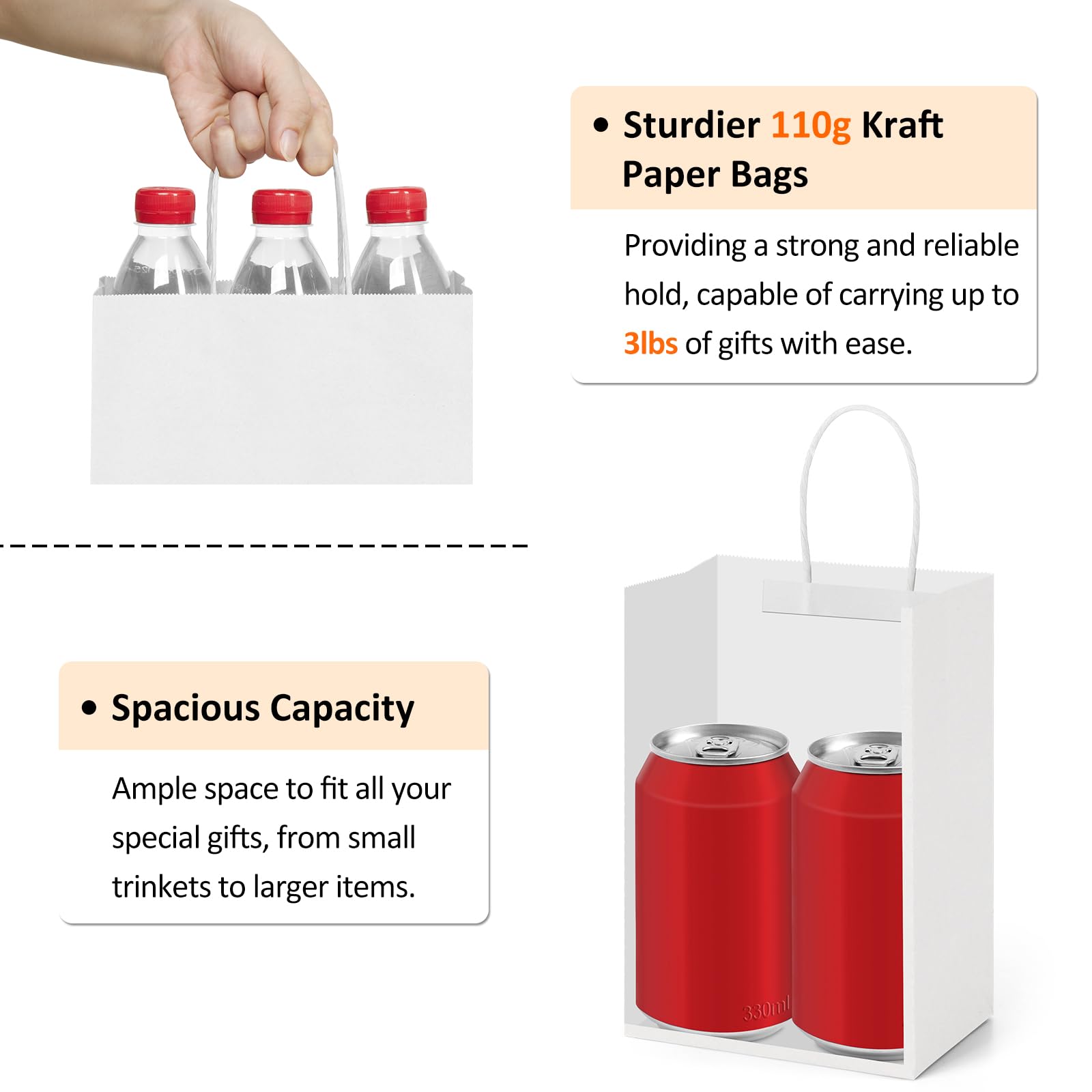 BagDream Small Gift Bags 25Pcs 5.25x3x8 Kraft White Paper Bags with Handles, for Small Gifts, Birthday, Wedding Party Favor, Retail Merchandise Paper Sacks