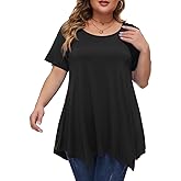 MONNURO Womens Plus Size Tops Short Sleeve Casual Summer Shirts Asymmetrical Tunic Blouses to Wear with Leggings