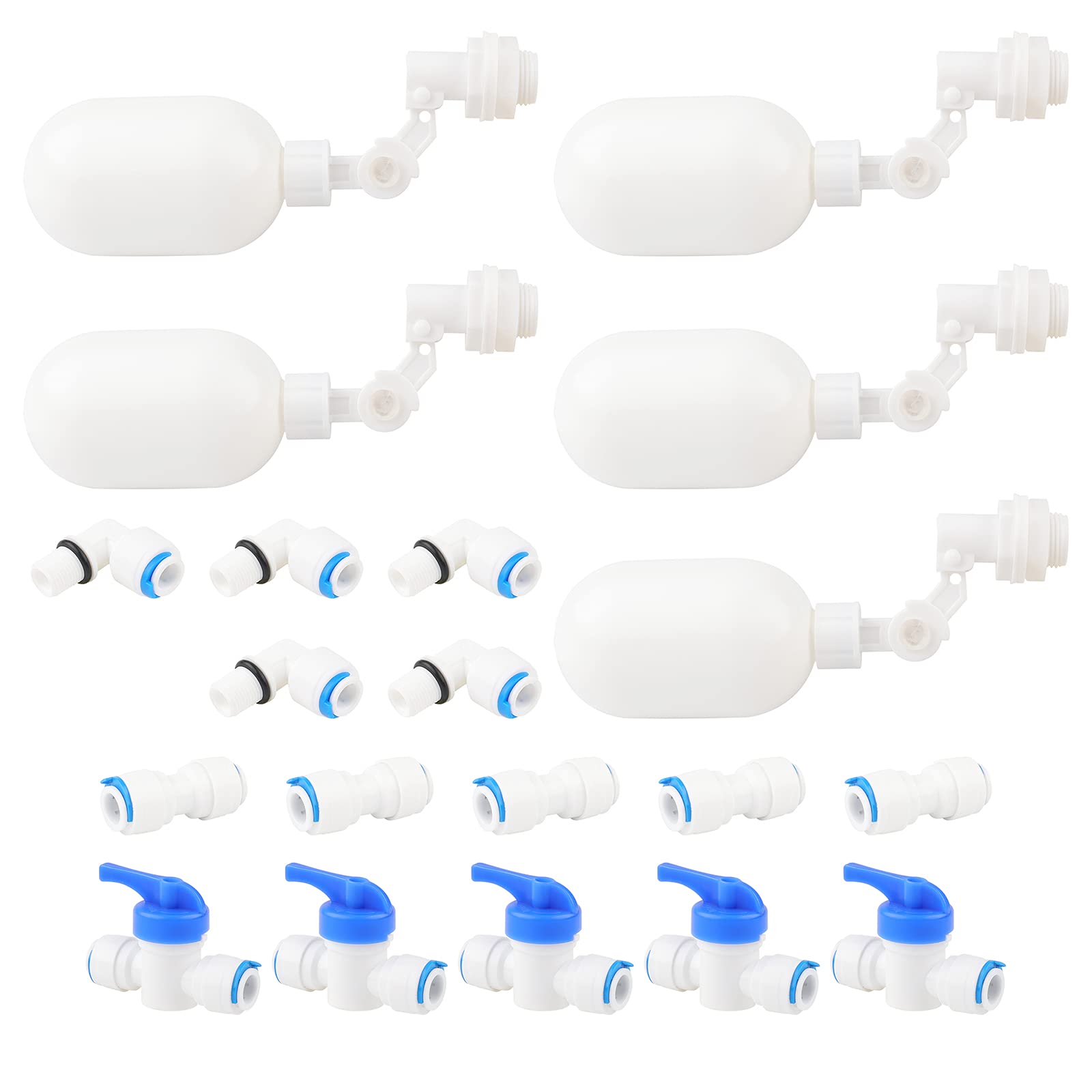 Rowiz Water Float Ball Valve with 1/4" Quick Connect Push to Connect Tube Fittings, Adjustable Arm Float Valve for Water Purifiers Reverse Osmosis System