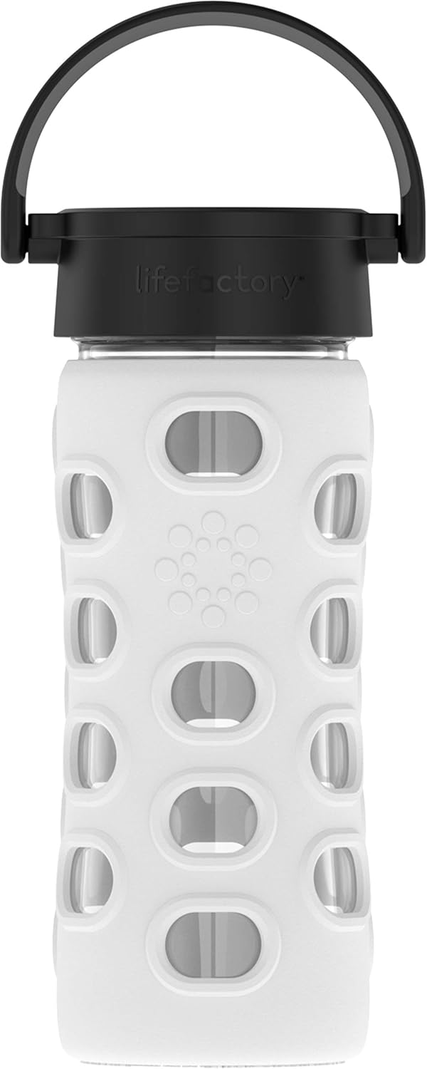 Lifefactory 12-Ounce BPA-Free Glass Water Bottle with Classic Cap and Protective Silicone Sleeve, Optic White