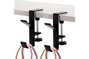 YUANQIAN 2Pcs Clamp-On Under Desk Headphone Holder Backpack Hook Students' Desk Hook with Adjustable Arm Clamp Women's Bag Handbag and Purse Holder - Suitable for Plate Between 1-5cm / 0.4-1.96” - Black