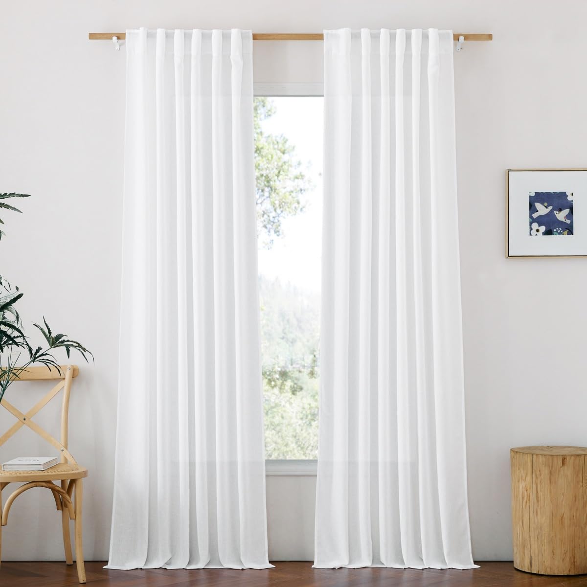 NICETOWN White Semi Sheer Curtains 96 inches Long, Rod Pocket & Back Tab Linen Blend Light Filtering Window Treatments Privacy Added Drapes for Living Room, W55 x L96, 2 Panels Image