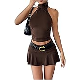 Verdusa Women's Y2k Skirt Sets 2 Piece Outfits Going Out Set Backless Halter Top and Ruffle Mini Skirt Sets