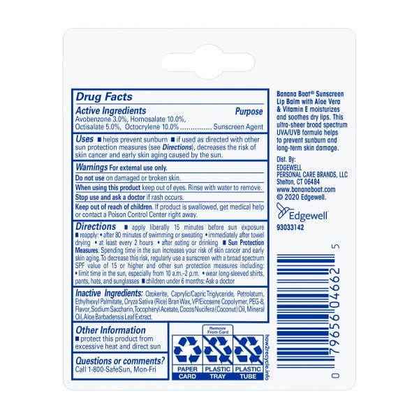 BANANA BOAT ALOE VERA WITH VITAMIN E SUNSCREEN LIP BALM, SPF 45 .15 OZ (4.25 G) (PACK OF 2)