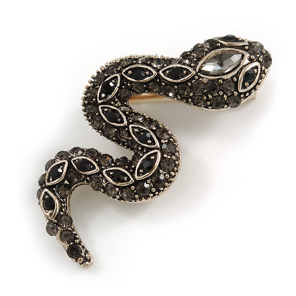 Small Grey/Black Crystal Snake Brooch In Aged Gold Tone Metal - 40mm Long