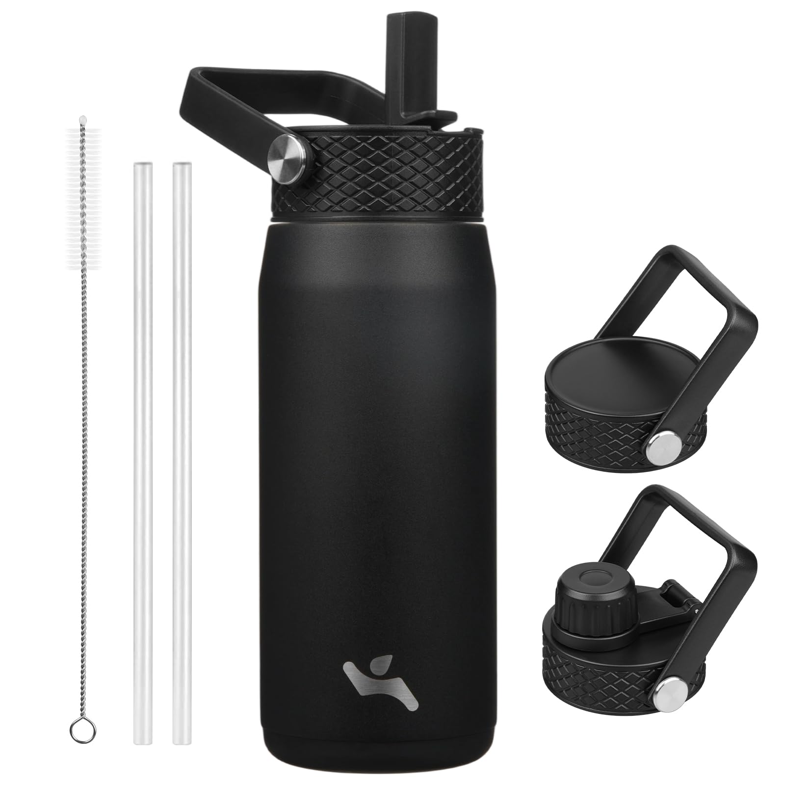 View 1 of 20oz Insulated Stainless Steel Water Bottle with Straw and 3 Lids, BPA-Free Sports Water Bottle,travel water bottle,Black
