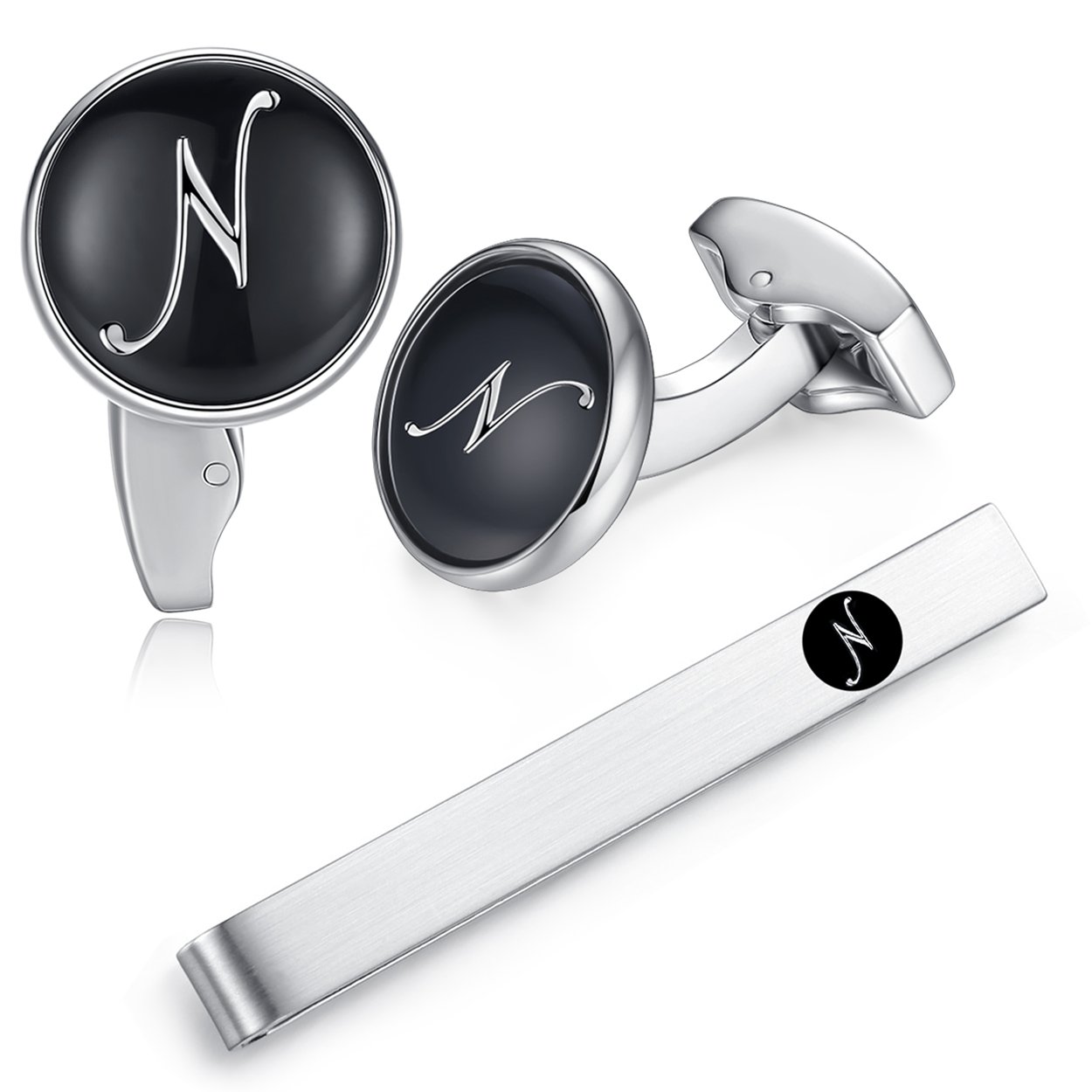 HONEY BEAR Initial Alphabet Letter Cufflinks Tie Clip Set for Mens - Black Round Stainless Steel, for Business Wedding Gift A - Z (N)