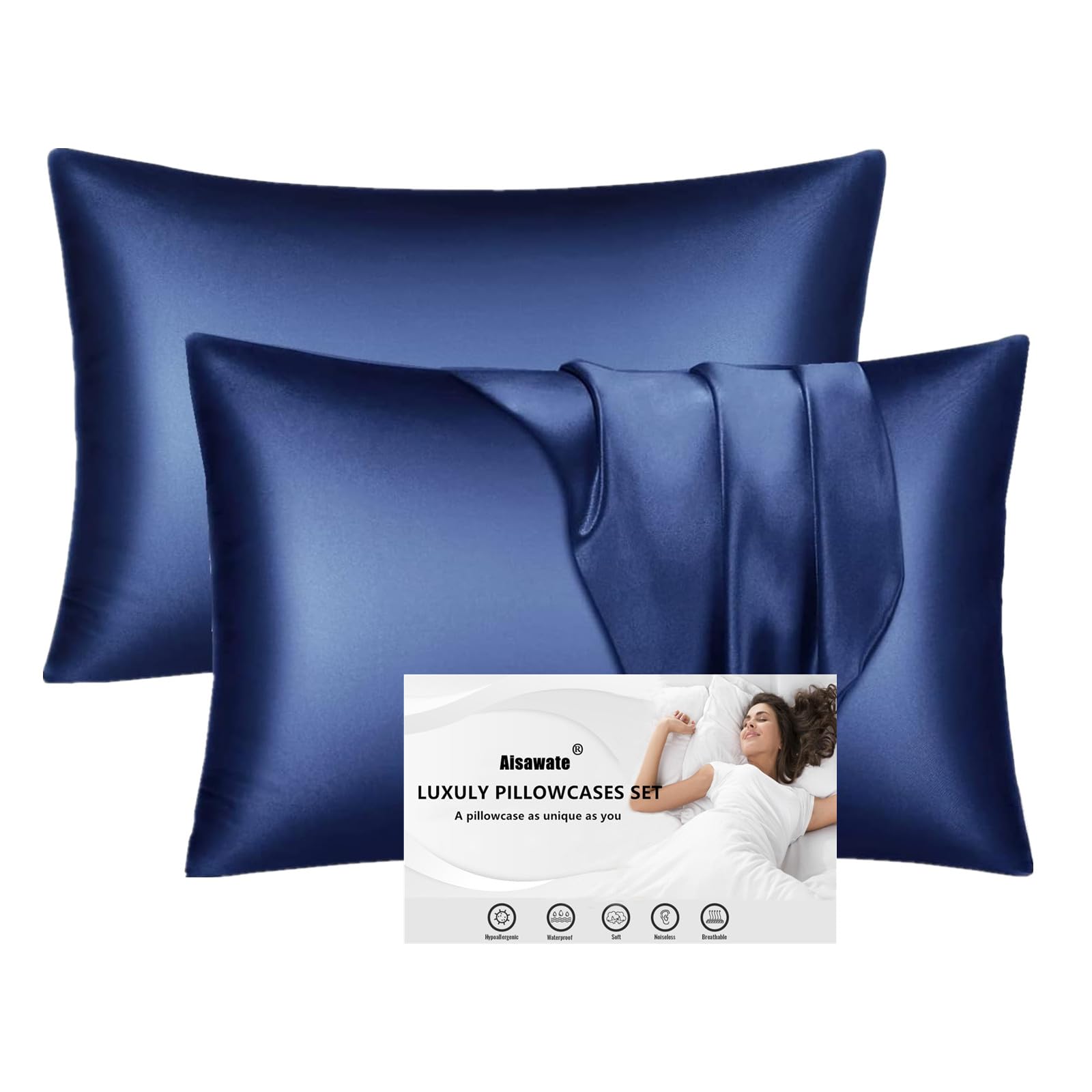 Aisawate Pack of 2 Satin Pillowcases for Hair and Skin, 100% Silky Luxury Satin Cushion Cover with Envelope Closure, Dark Blue Pillowcase, Soft and Breathable Cushion Covers 40 x 60 cm