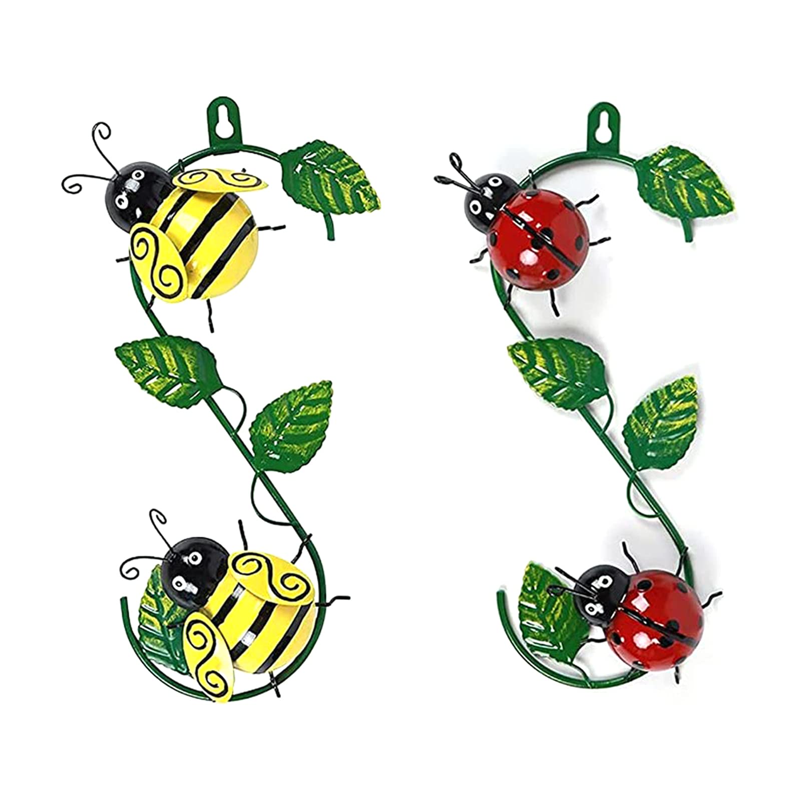 Nicoone Garden Metal Bee/Ladybug Wall Ornament,2pcs Wall Hanging Ornament Decorative with Green Leaves for Outdoor Wall Yard Patio Livingroom Décor
