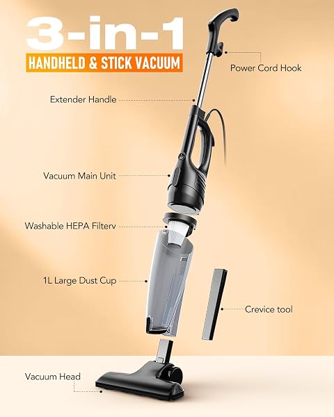 AVVNEE CORDED STICK VACUUM CLEANER, 15000PA STRONG SUCTION 600W MOTOR, ULTRA-LIGHT 3 LBS BAGLESS VACUUM FOR HARD FLOORS, LOW-PILE RUGS & PET HAIR, CREVICE TOOL, 1L DUST CUP, 16.7FT CORD (BLACK)