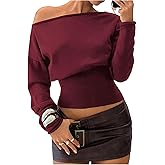 GORGLITTER Women's Off The Shoulder Cropped Sweater Cozy Long Sleeve Fall Winter Cinched Waist Knit Going Out Pullover Top