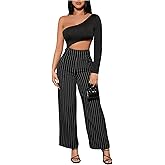 Floerns Women's Pinstripe Business Work Dress Pants High Waisted Wide Leg Office Casual Slacks Trousers