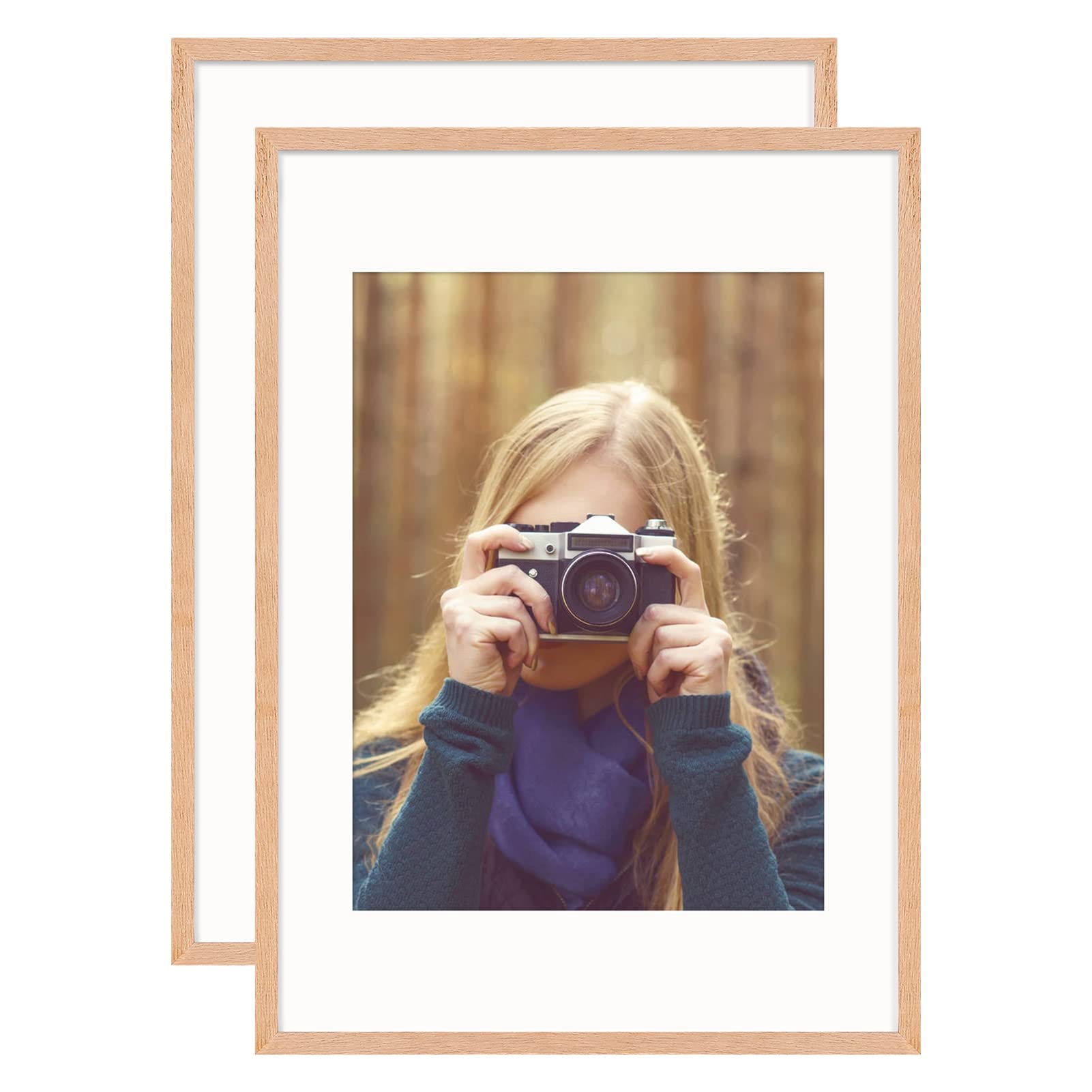 OAK Wood Picture Photo Frame,Size in A3(29.7x42cm) without Mat and 18x24cm with Mat,Perspex Glass Front for Wall Mounting in Living Room,Bedroom,Gallery,Set of 2 — image 1