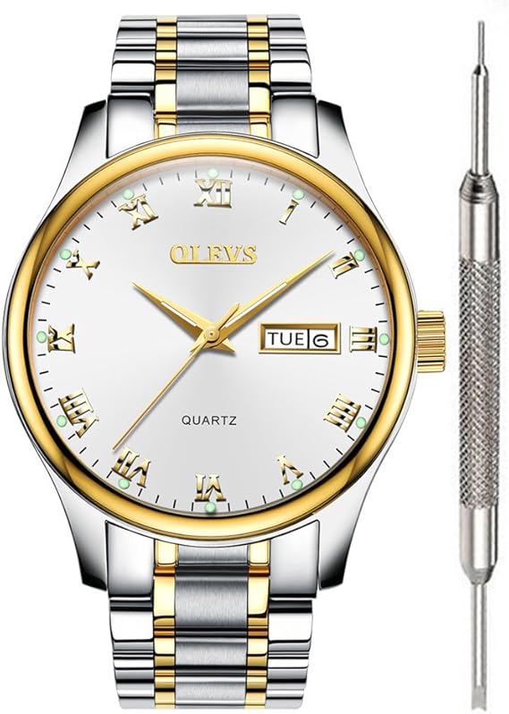 Amazon Olevs クラシック腕時計 メンズ アナログクォーツウォッチ レザー ステンレススチール 頑丈な防水腕時計 ローマ数字 ユニークなカレンダー 日付 ビジネス腕時計 L ホワイト メンズ腕時計 腕時計 通販