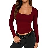 TiulZial Square Neck Shirt for Women - Long Sleeve Going Out Tops Double Lined Tight Crop T Shirt Slim Fit
