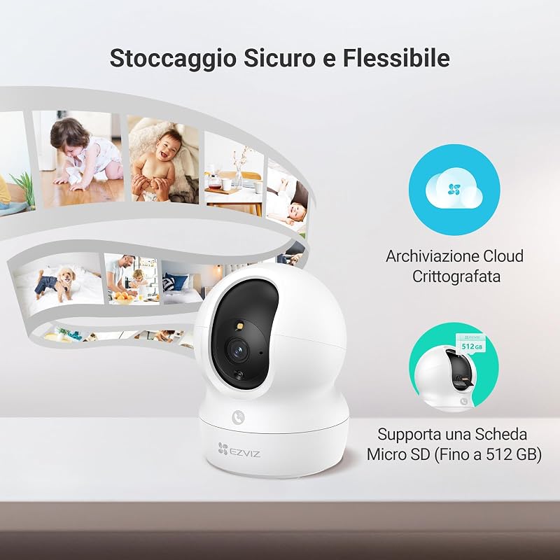 Telecamera Wi-Fi Interno 2K, Videocamera Sorveglianza 3MP per animali e bambini, Motorizzata a 360°, Audio a due vie, Funziona Alexa, Avvisi movimento, Visione notturna, Modello CP1