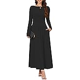 ZTMZA Women's 2025 Fall Long Sleeve Maxi Dress Crewneck Elegant Ruched Waist Casual Slim Pleated A Line Flowy Long Dresses